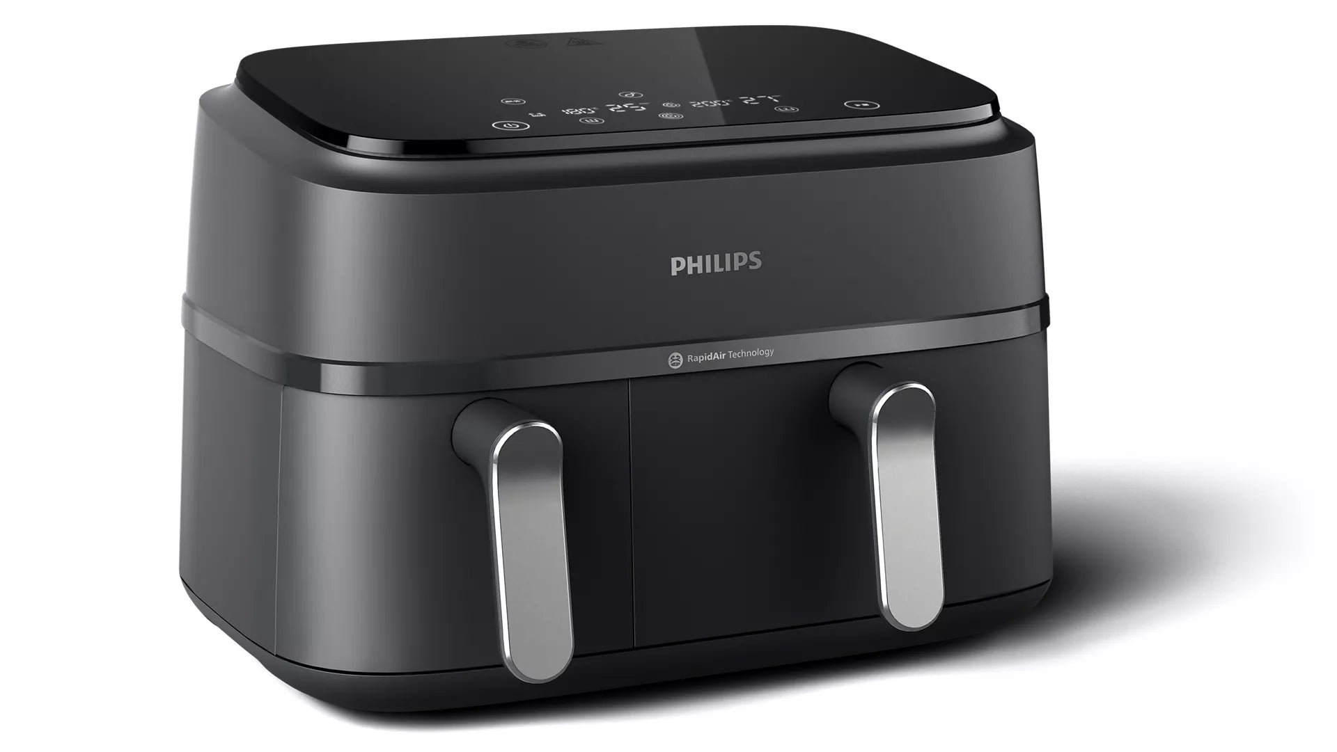 Philips NA351/00 Airfryer 3000 Series med dobbelt kurv i mørk farve med en moderne og stilren design samt en digital kontrolpanel på toppen