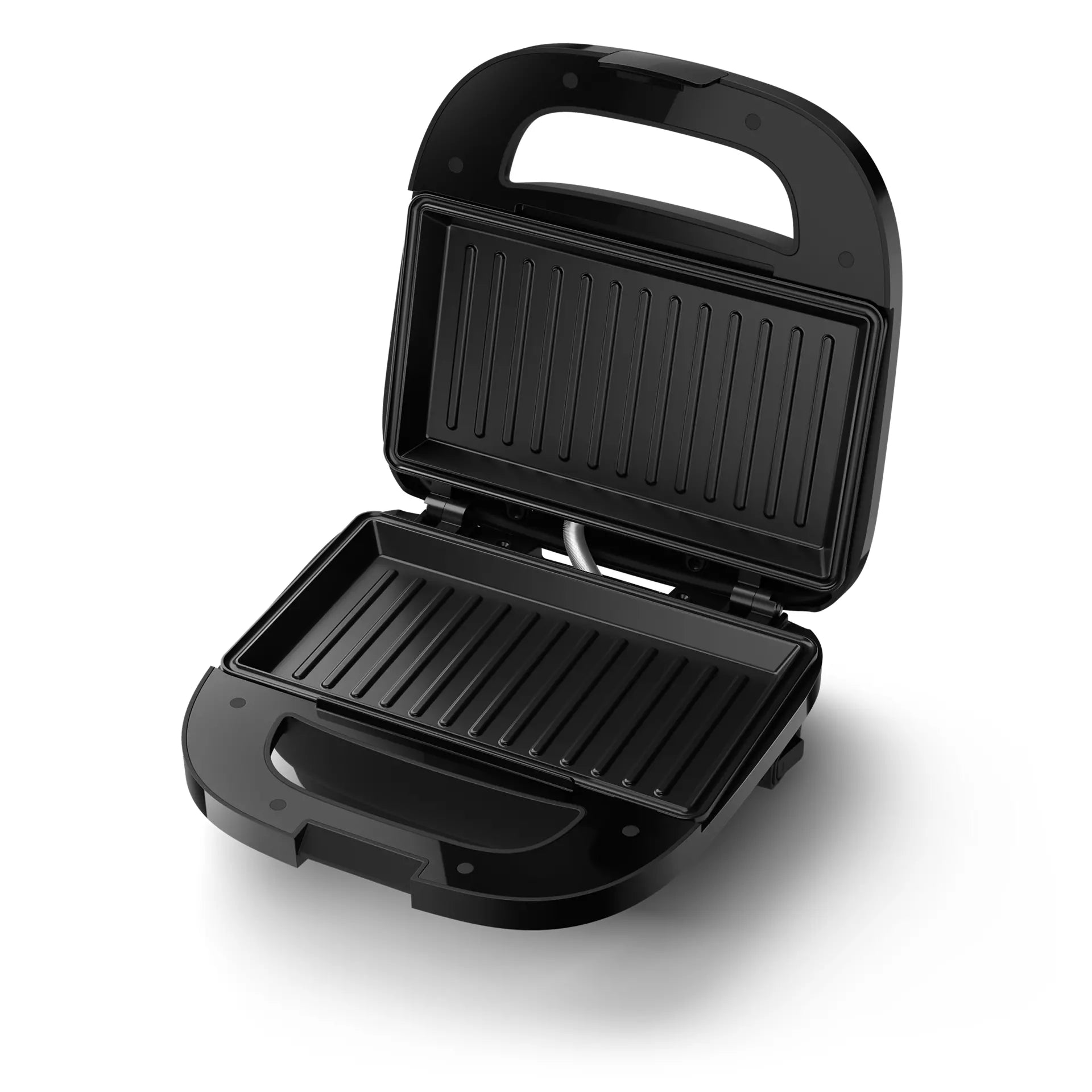Philips HD2330/90 sandwichmaskine med åben låge der viser en non-stick grillplade i sort design med riller til madlavning