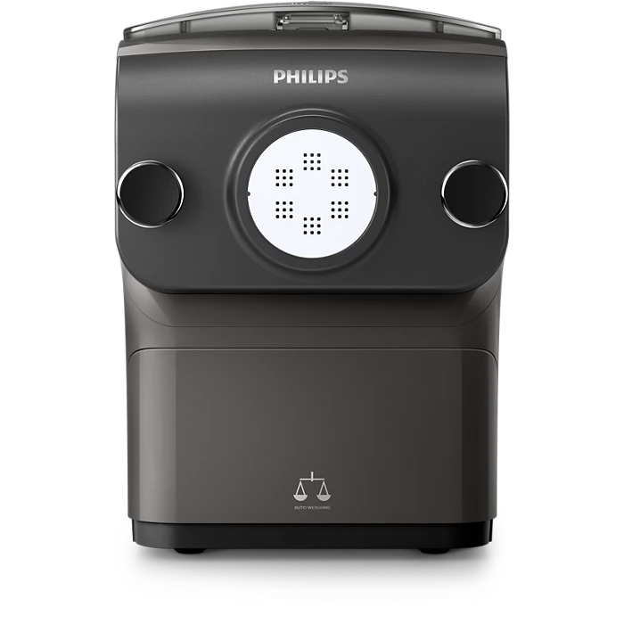 Billede af Philips HR2382/15 Avance Collection pastamaskine med en moderne og kompakt design i sort farve synlig forfra med kontrolknapper og en udskiftelig pastaformningsplade