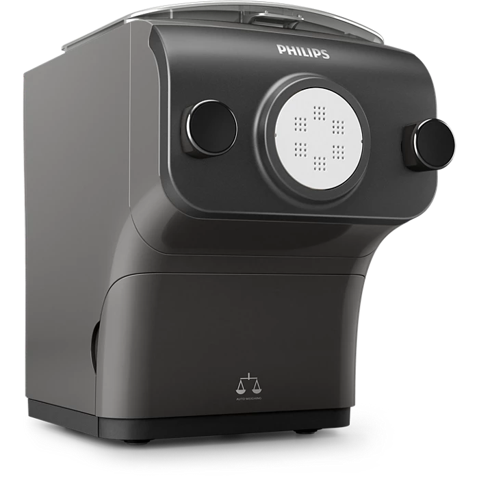 Philips HR2382/15 Avance Collection pastamaskine i en moderne design med en sort overflade og et rundt skærmpanel foran med perforeringer og to drejeknapper på hver side til betjening
