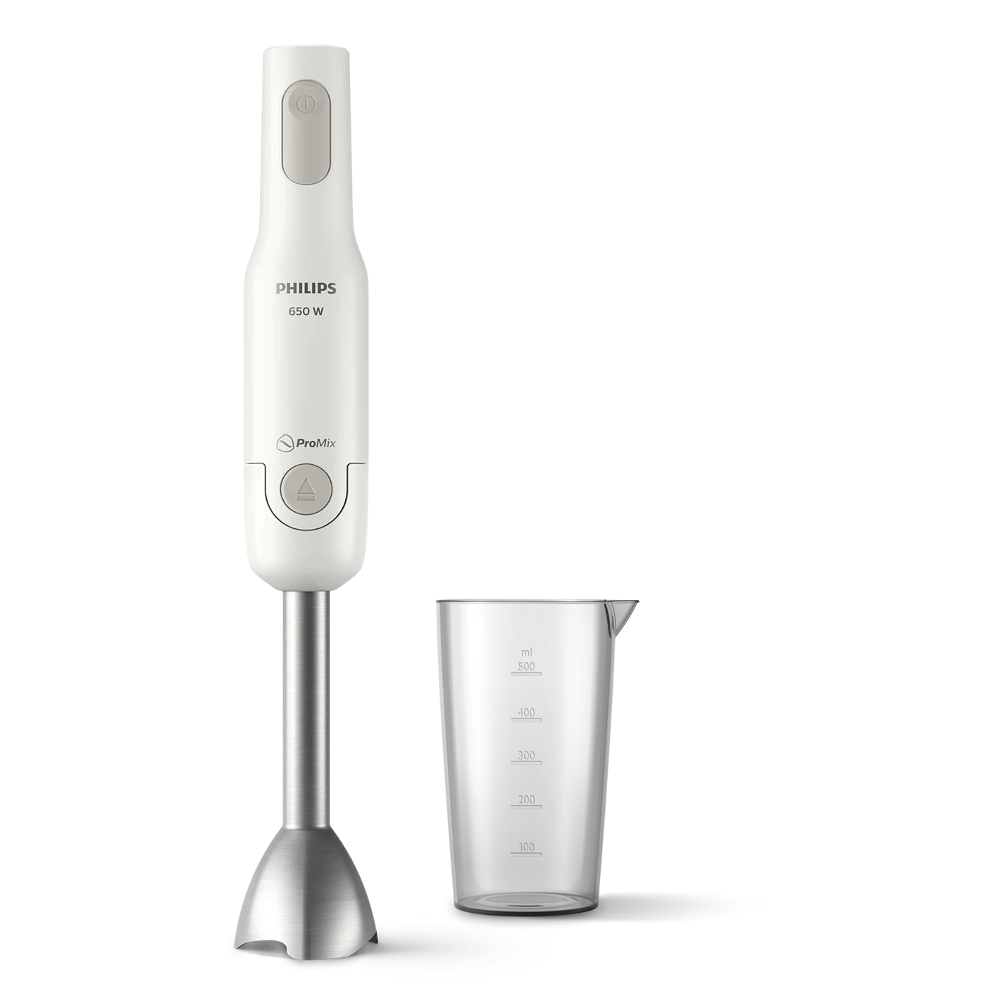 Stavblenderen Philips HR2534/00 med 650 watt motor i hvidt design og ProMix teknologi, står ved siden af en sort målebæger.