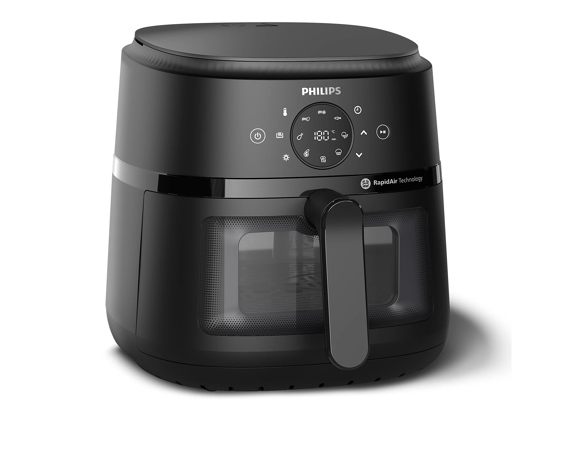 Philips NA230/00 Airfryer 2000 Series 6.2L med et moderne og slankt design i sort farve der inkluderer en digital kontrolpanel samt en gennemsigtig skuffe til madlavning der giver overblik over tilberedningen