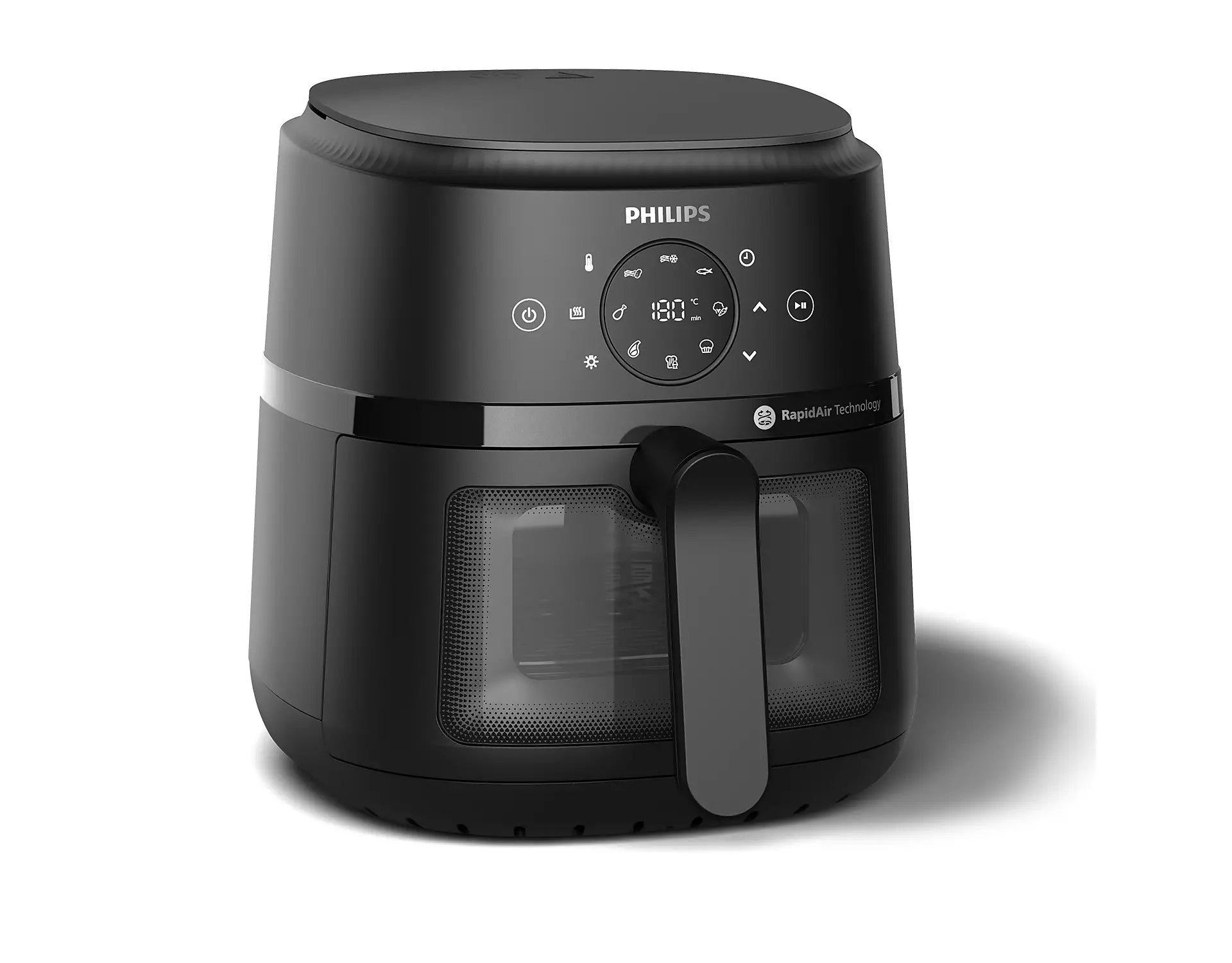 Philips NA220/00 Airfryer 2000 Series 4.2L i sort med kontrolpanel og display samt en enkel håndtag til at åbne og lukke fronten