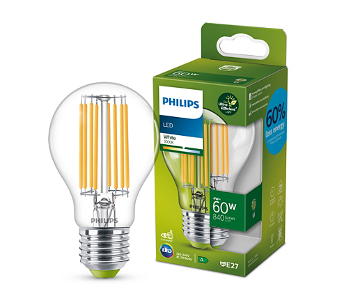 Philips LED pære CLA 4W med E27 sokkel og energimærke A, forklarer levetid på op til 15.000 timer, lyseffekt på 840 lumen og farvetemperatur på 3000K, præsenteret med en klar glaskuppel og en grøn emballage med energispareinformation.