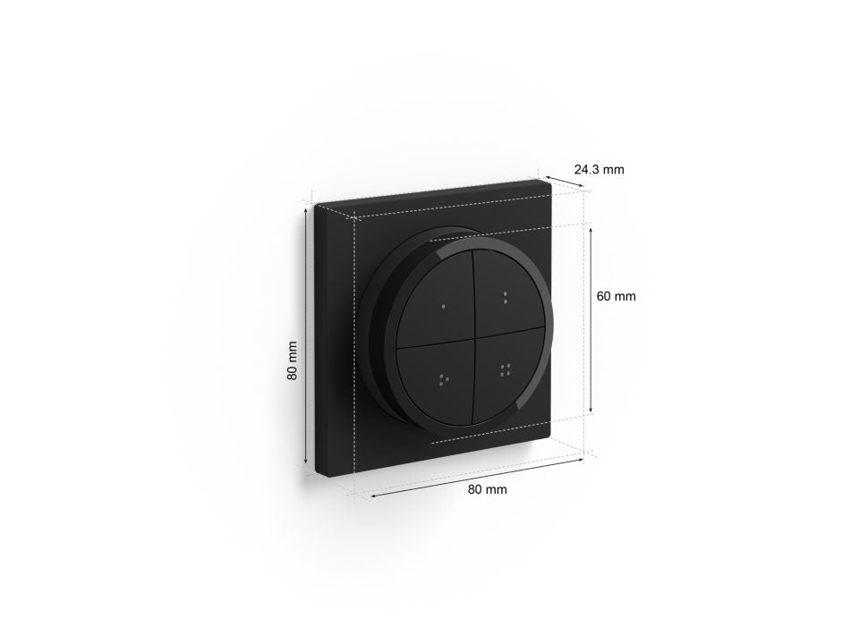 Philips Hue Tap dial switch i sort med en rund drejeknap og fire knapper på en firkantet plade dimensioneret til 80 mm x 80 mm x 24,3 mm synligt fra siden.