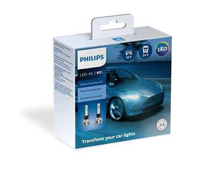 Philips Ultinon Essential LED H1 650K produktpakke med kompakt design og forbedret pasform til billygter med illustration af en bil og produktdetaljer synligt på emballagen