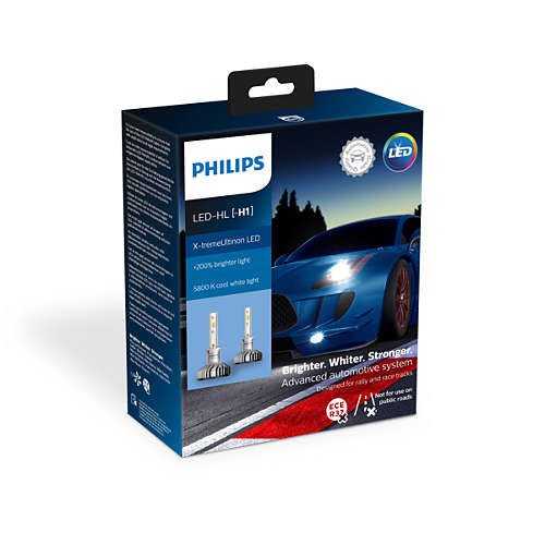 Pakke med Philips X-tremeUltinon LED H1 5800K 11258XUX2 lyskilder designet til biler med fokus på lysteknologi og forbedret synlighed indeholdende to LED pærer og information om lysstyrke og farvetemperatur