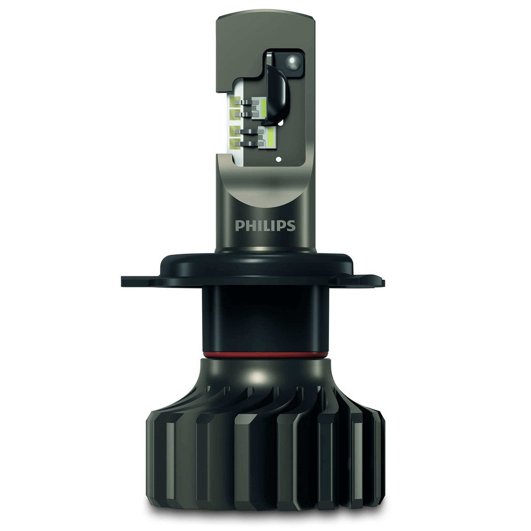 Produktbillede af Philips Ultinon Pro9000 HL LED H4 bilpære med en sort base og detaljeret topdesign der viser LED-teknologi og logoet fra Philips