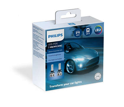 Pakke af Philips Ultinon Essential LED H8/H11/H16 650K med kompakt design og bedre pasform til billygter med fokus på effektivitet og lysstyrke