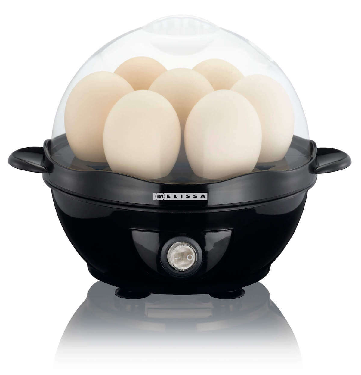 Melissa Æggekoger til 7 æg i sort farve med gennemsigtig låg som afslører de kokte æg indeni