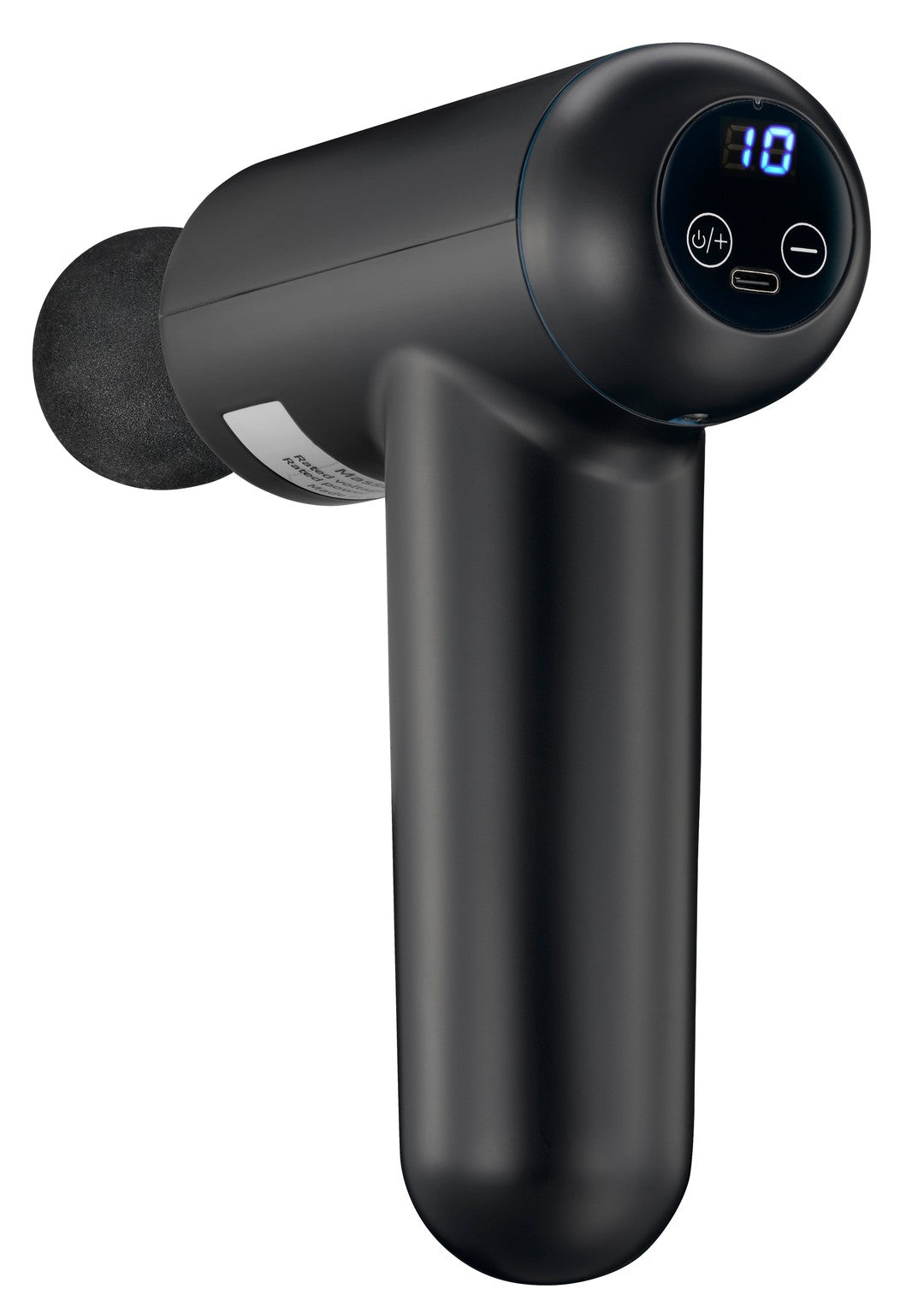 Melissa massagepistol i sort med digitalt display der viser tallet 10 og knapper til at justere indstillingerne inkluderer en USB-C port til opladning