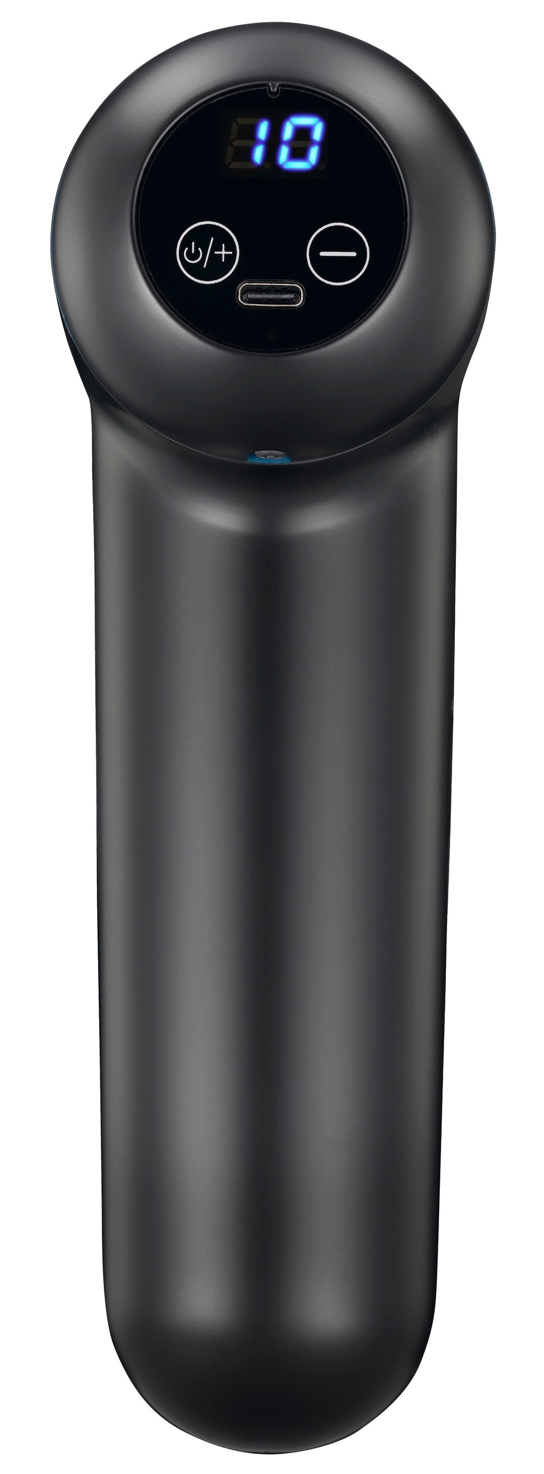 Billede af en Melissa massagepistol med et slankt og moderne design klinisk sort finish og et digitalt display der viser hastighedsniveauet 10 samt knapper til tænd/sluk og hastighedsjustering