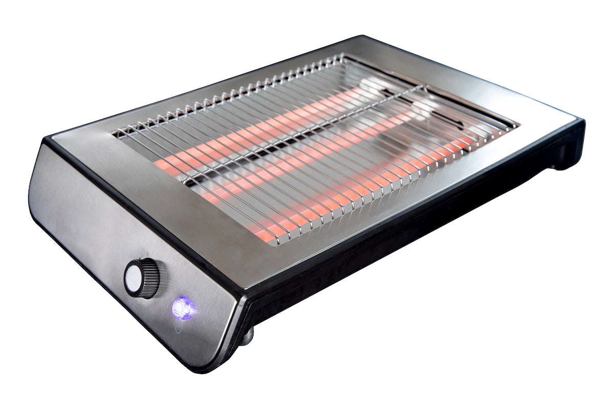 Gastronoma Flad brødrister med elektronisk timer i sort og rustfrit stål med en effekt på 900W og varmeledninger synlige gennem gitterdesign