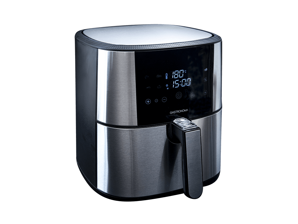 Gastronoma frituregryde i rustfrit stål på 6 liter med digitalt display og tidsindstilling viser temperaturer op til 180 grader celsius effektivt tilberedt med 1800 watt energi