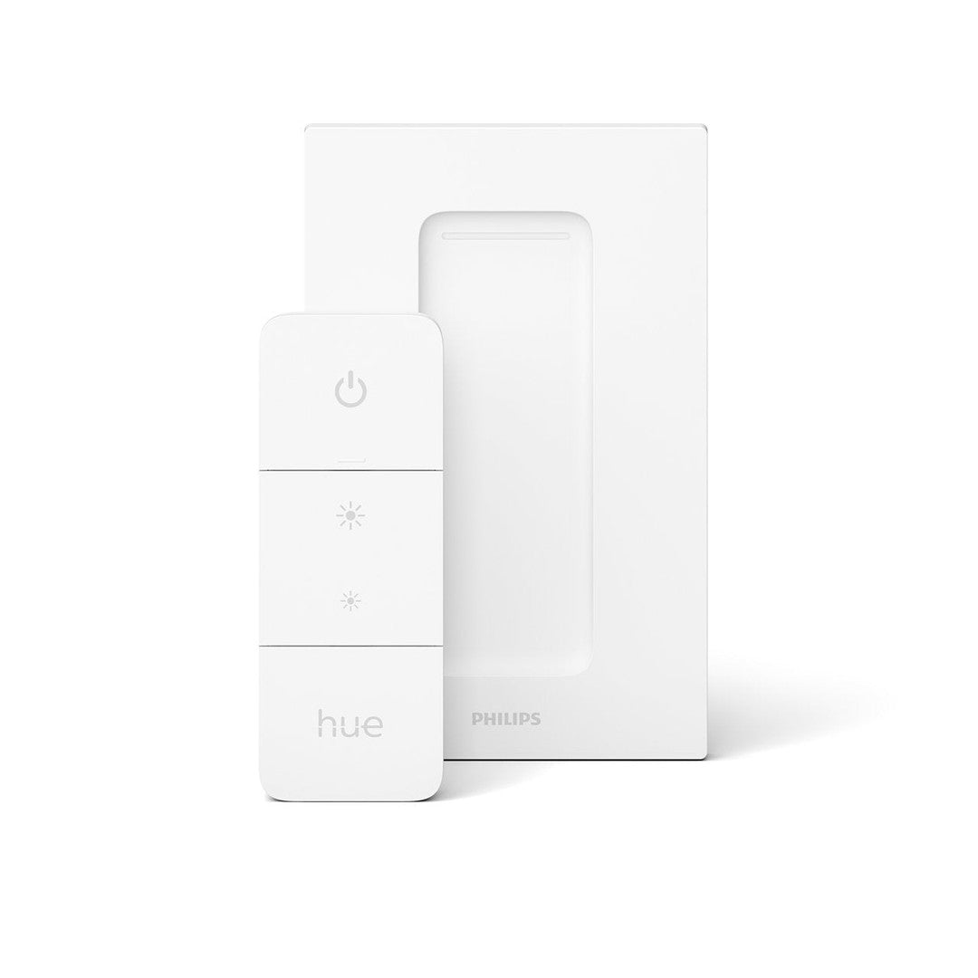 Philips Hue dimmerkontakt i hvid med tre knapper til lysjustering og tænd/sluk funktion samt vægbeslag