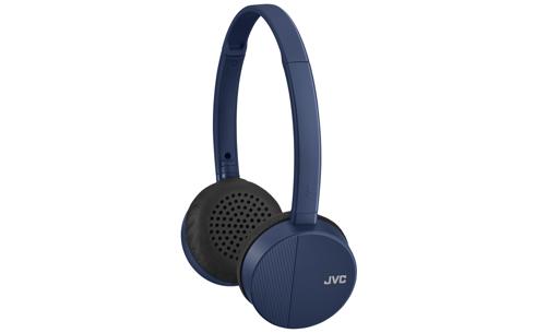 On-Ear Bluetooth hovedtelefoner fra JVC model HA-S24W-AE i blå farve med bløde ørepuder og justerbart hovedbånd designet til komfort og bærbarhed