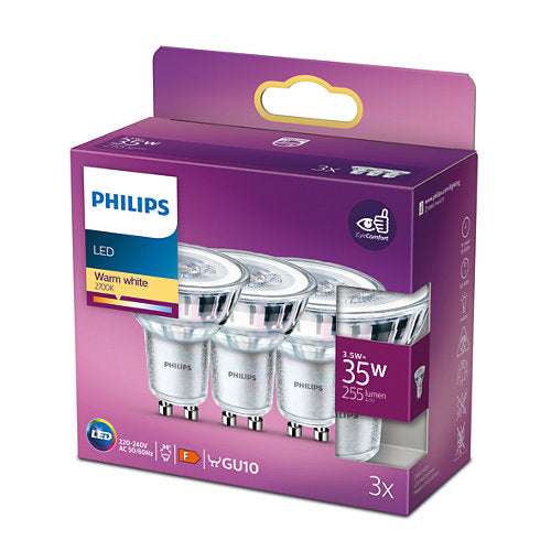 Pakke med tre Philips LED pærer Classic Spot 3,5W/827 tilsvarende 35W i varmt hvidt lys med en strålevinkel på 36 grader GU10 fatning egnet til energibesparende belysning