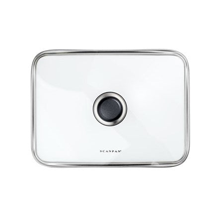 Scanpan Classic glaslåg i størrelse 29x21 cm med en citronfarvet knap i midten og elegant kromkant perfekt til gryde og pande