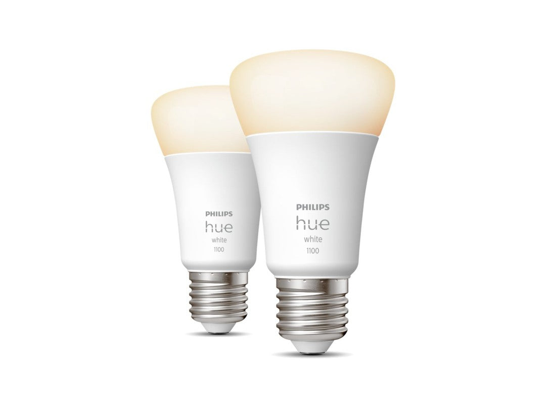To sæt Philips Hue White E27 LED pærer med et blødt hvidt lys designet til smart belysning og Bluetooth-forbindelse