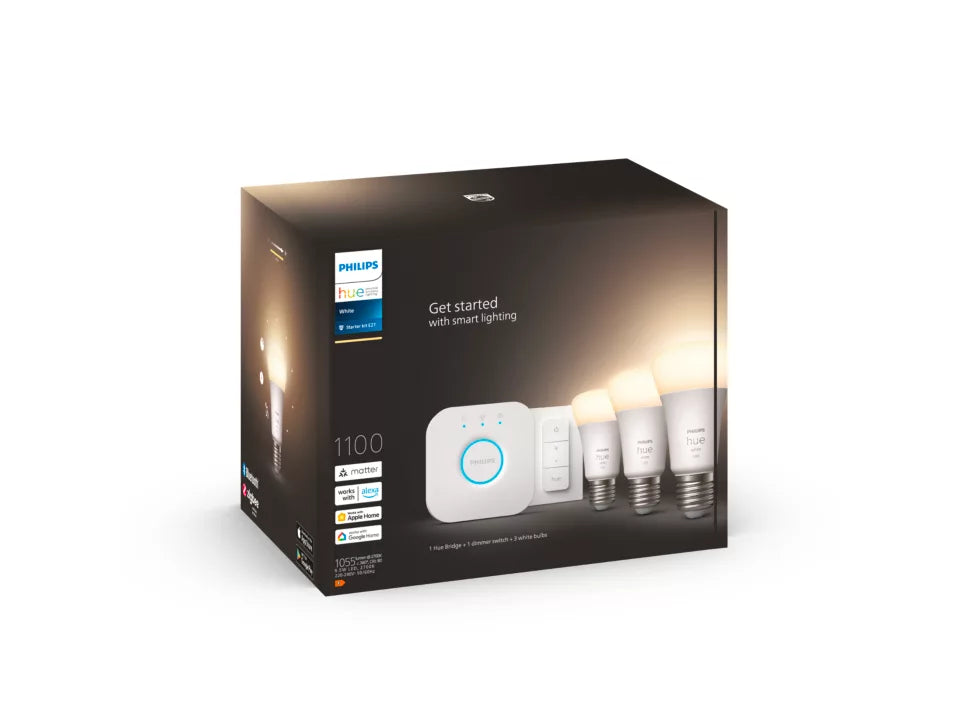 Philips Hue White Startsæt E27 1100 Lumen 3 lyskilder, 1 bridge, 1 Dimmer switch