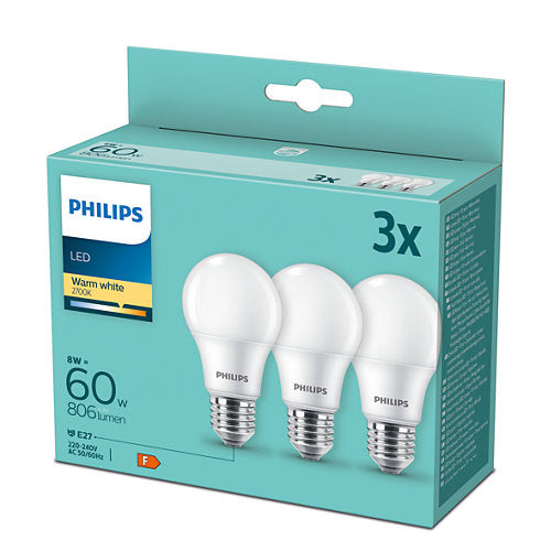 Pakke med tre Philips LED pærer E27 8W svarende til 60W med en lysstyrke på 806 lumen samt varme hvid farvetemperatur