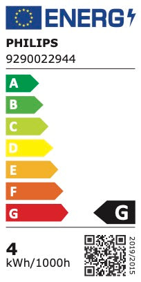 Energimærke for Philips White Ambiance Kertepærer med en E14 sokkel viser en energiklasse G og et forbrug på 4 kWh per 1000 timer