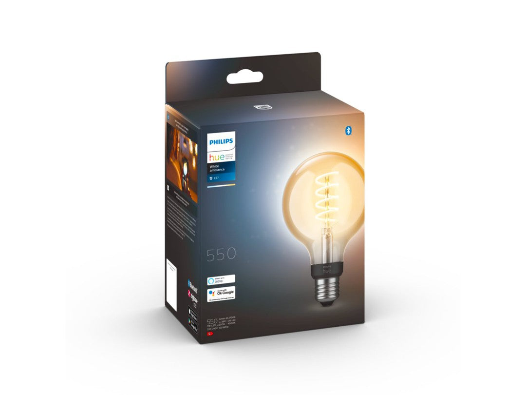 Produktboks til Philips Hue White Ambiance Filament Globe G93 E27 med synlig lampeillustration og tekniske informationer på siden