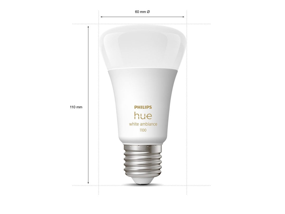 Philips Hue white ambiance lyskilde i E27 fatning målende 110 mm i højden og 60 mm i diameter med en moderne hvid design og branding fra Philips