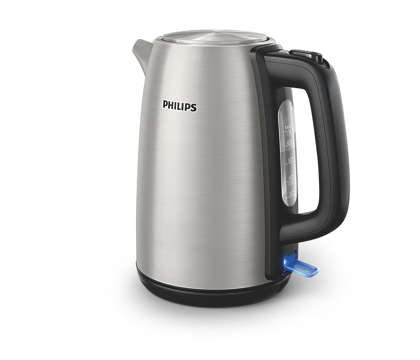 Philips HD9351/90 elkande i metal med en kapacitet på 1,7 liter og sort håndtag synlig fra siden