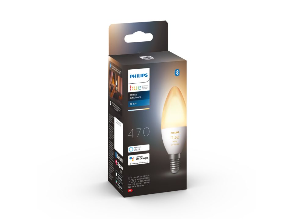 Philips Kertepærer med hvid ambiance 470 lumen E14 emballage med Bluetooth funktion og kompatibilitet med Alexa og Google Assistant