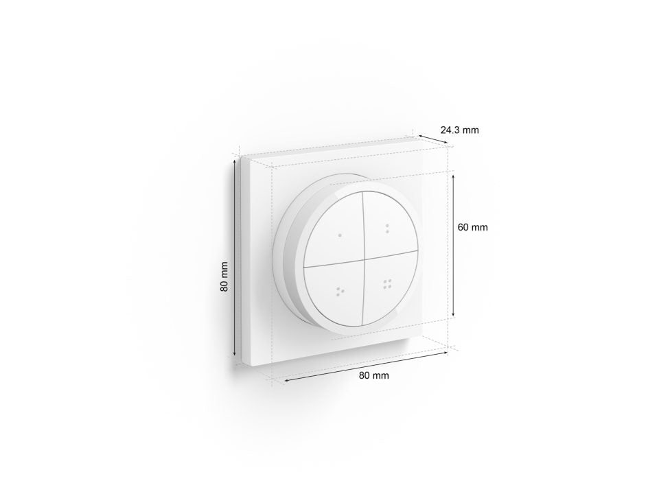 Philips Hue Tap dial switch i hvid med en rund knap opdelt i fire sektioner og dimensioner på 80 mm x 80 mm x 24,3 mm designet til at styre smart belysning