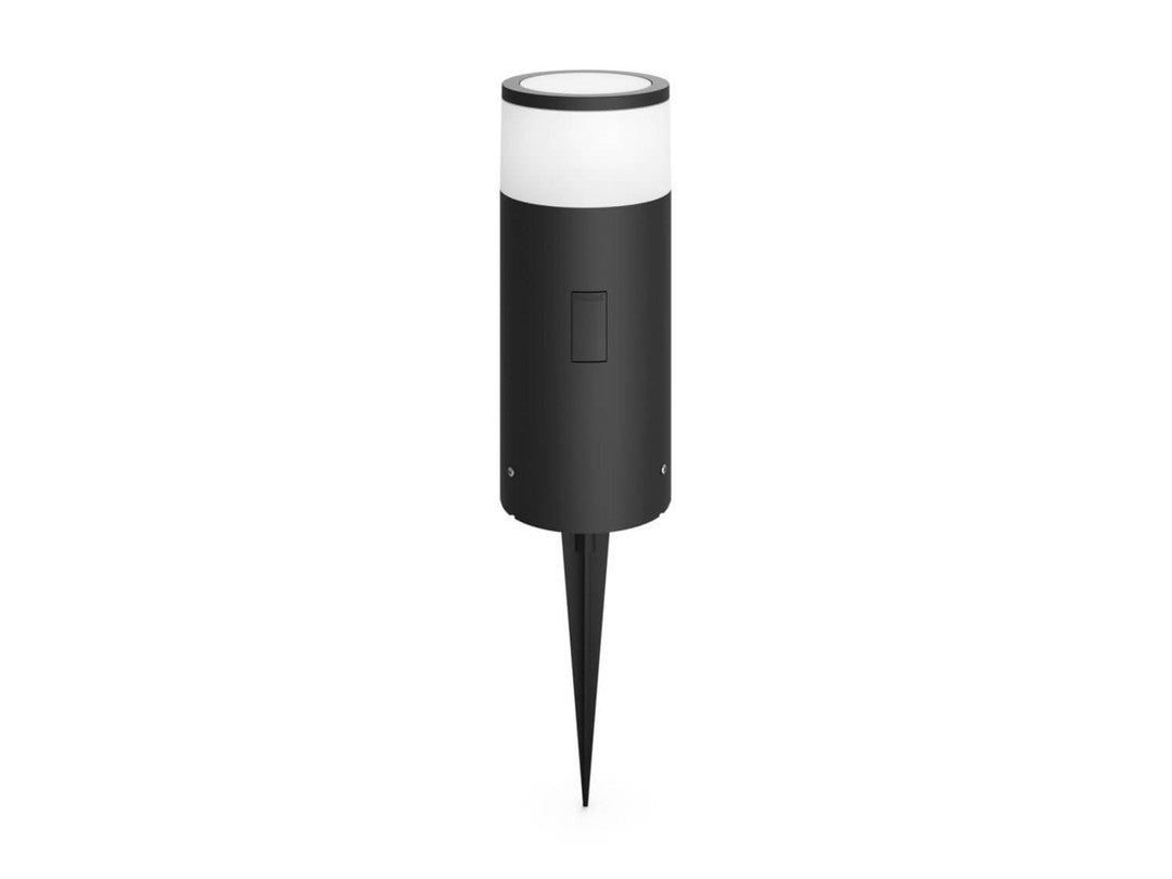 Philips HUE Calla udendørs piedestal i sort metal med en rund hvid lampe øverst og en spids base til installation i jorden