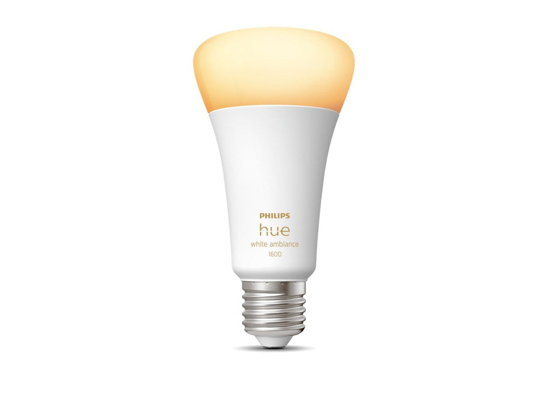 Philips Hue White Ambiance 1600lm E27 pære med en blød lysegul farvetemperatur og en moderne hvid base designet til energibesparende belysning
