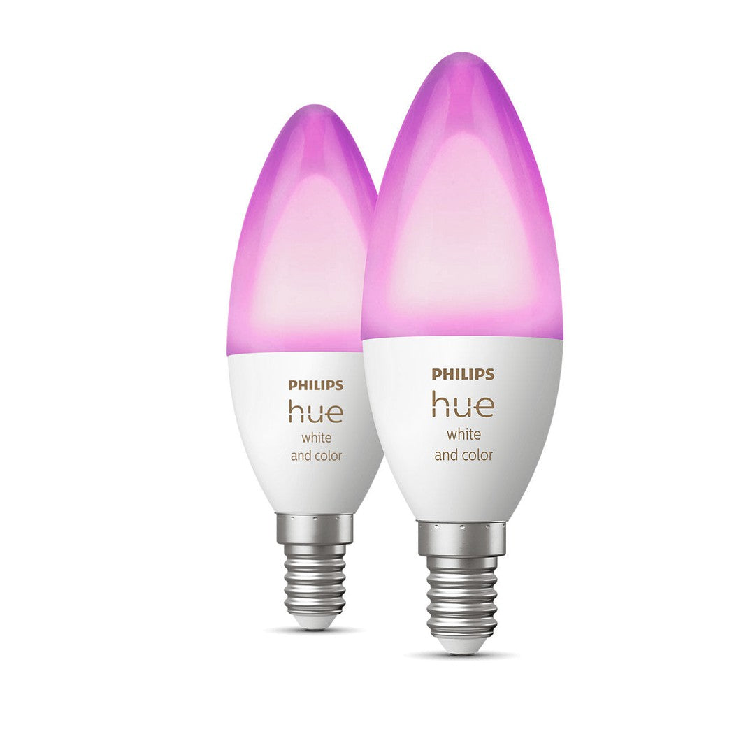 To sæt Philips Hue E14 pærer med farvet lys og hvidt lys med lilla toppe, designet til at skabe stemningsfuld belysning i hjemmet