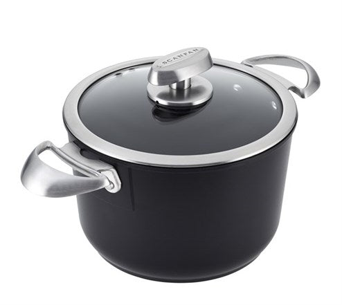 Scanpan 3,2 l gryde med glaslåg og børstede stålhåndtag i sort design velegnet til madlavning