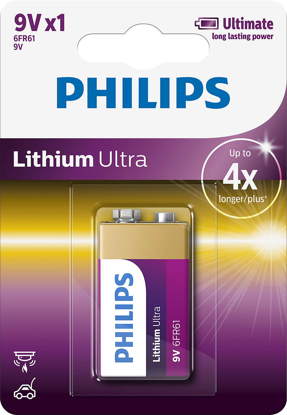 Philips 6FR61LB1A/10 Lithium Ultra 9V batteri præsenteret i emballage med en guld og lilla farvekombination samt tydelig tekst angående produktnavn og specifikationer, der fremhæver langvarig kraft og op til fire gange længere levetid