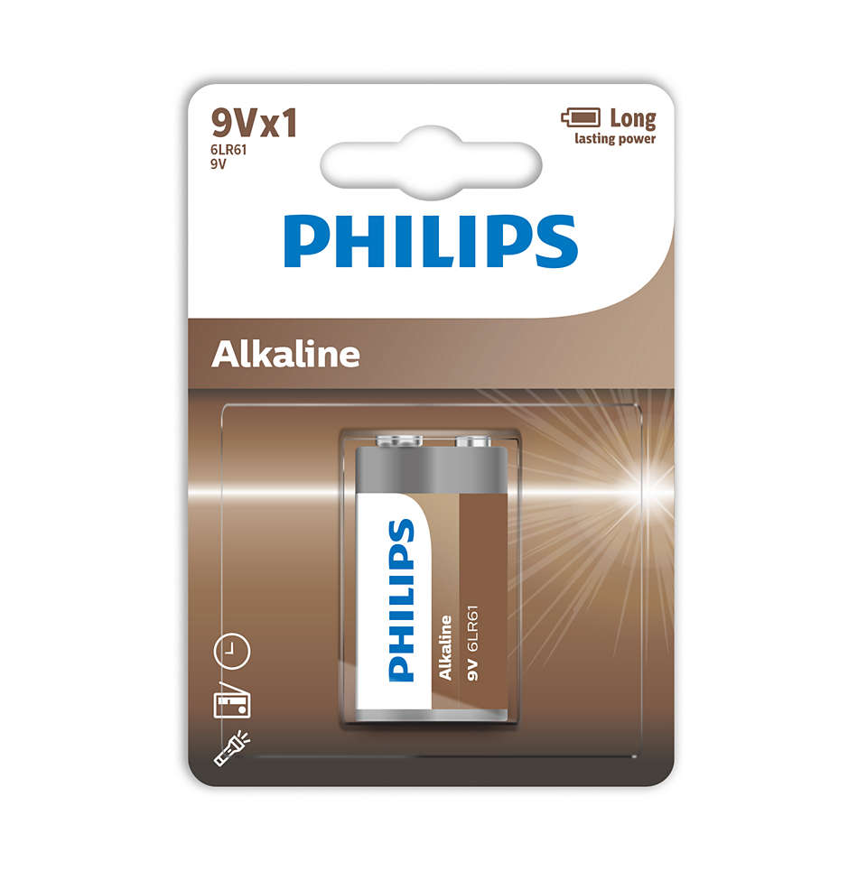 Philips 6LR61A1B/10 Alkaline 9V batteri i emballage med tydelig mærkning af produktnavn og specifikationer inkludert information om langvarig strømperformans