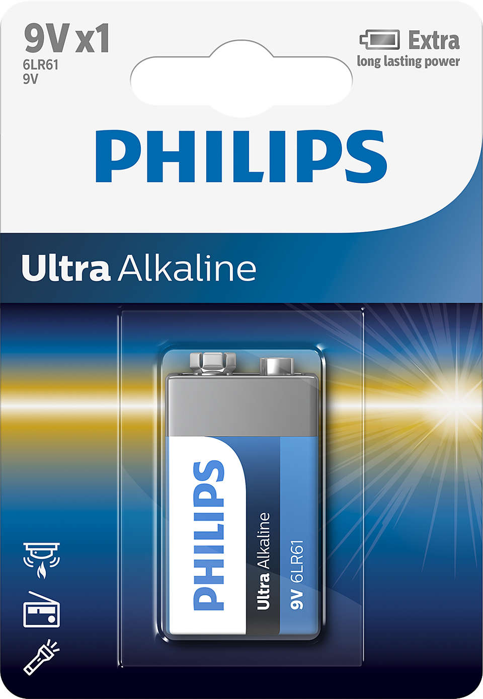 Philips 6LR61E1B/10 Ultra Alkaline 9V batteri præsenteret i blisterpakning med tydelig mærkning og farvet design der fremhæver langvarig ydeevne