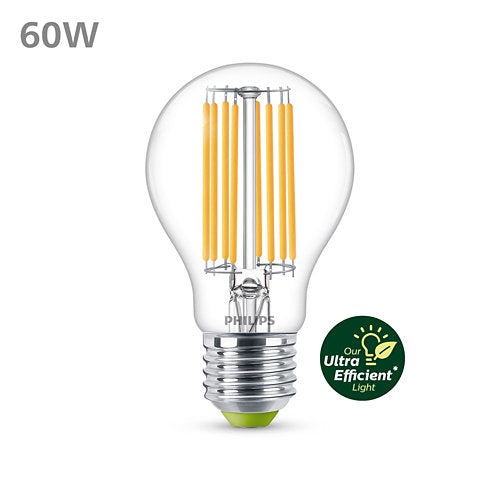 Philips LED pærer CLA 4W 60W 3000K 840lm med klar glaskuppel og synlige LED-striber der sikrer effektiv belysning og energibesparelse