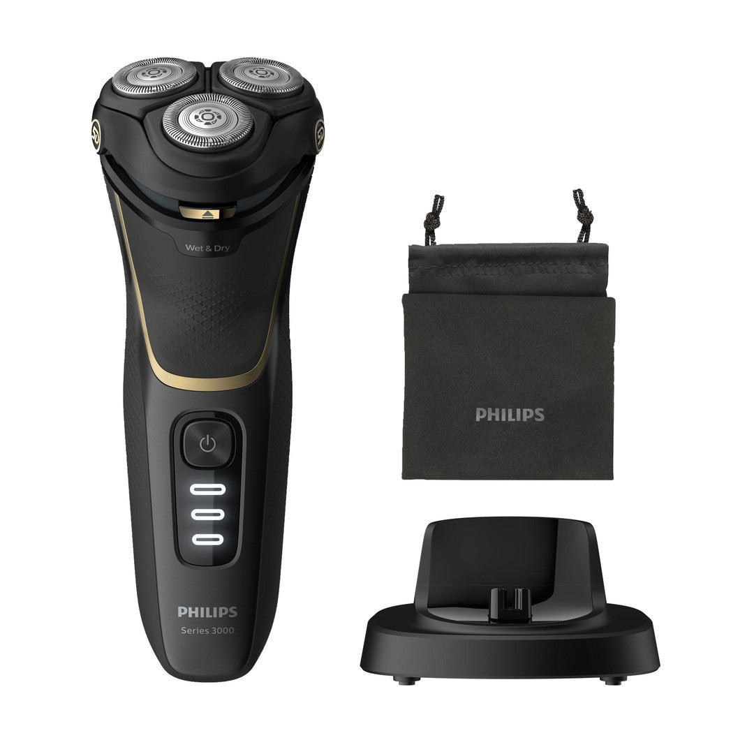 Philips S3333/54 elektrisk barbermaskine fra Philips Shaver Series 3000 med tre barberhoved og Wet & Dry funktion samt en opladningsstation og en opbevaringspose i mørkegrøn farve