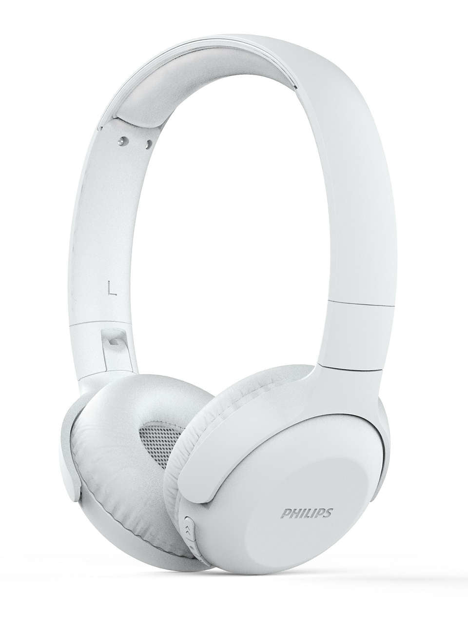 Trådløse on-ear hovedtelefoner fra Philips i hvid farve med polstret hovedbøjle og ørepuder samt kontrolknapper på siden