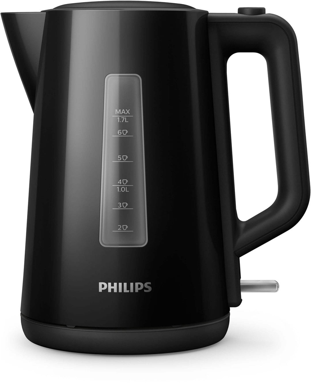 Philips elkedel HD9318/20 med en kapacitet på 1,7 liter i sort farve med en gennemsigtig vandstandsmåler og ergonomisk håndtag
