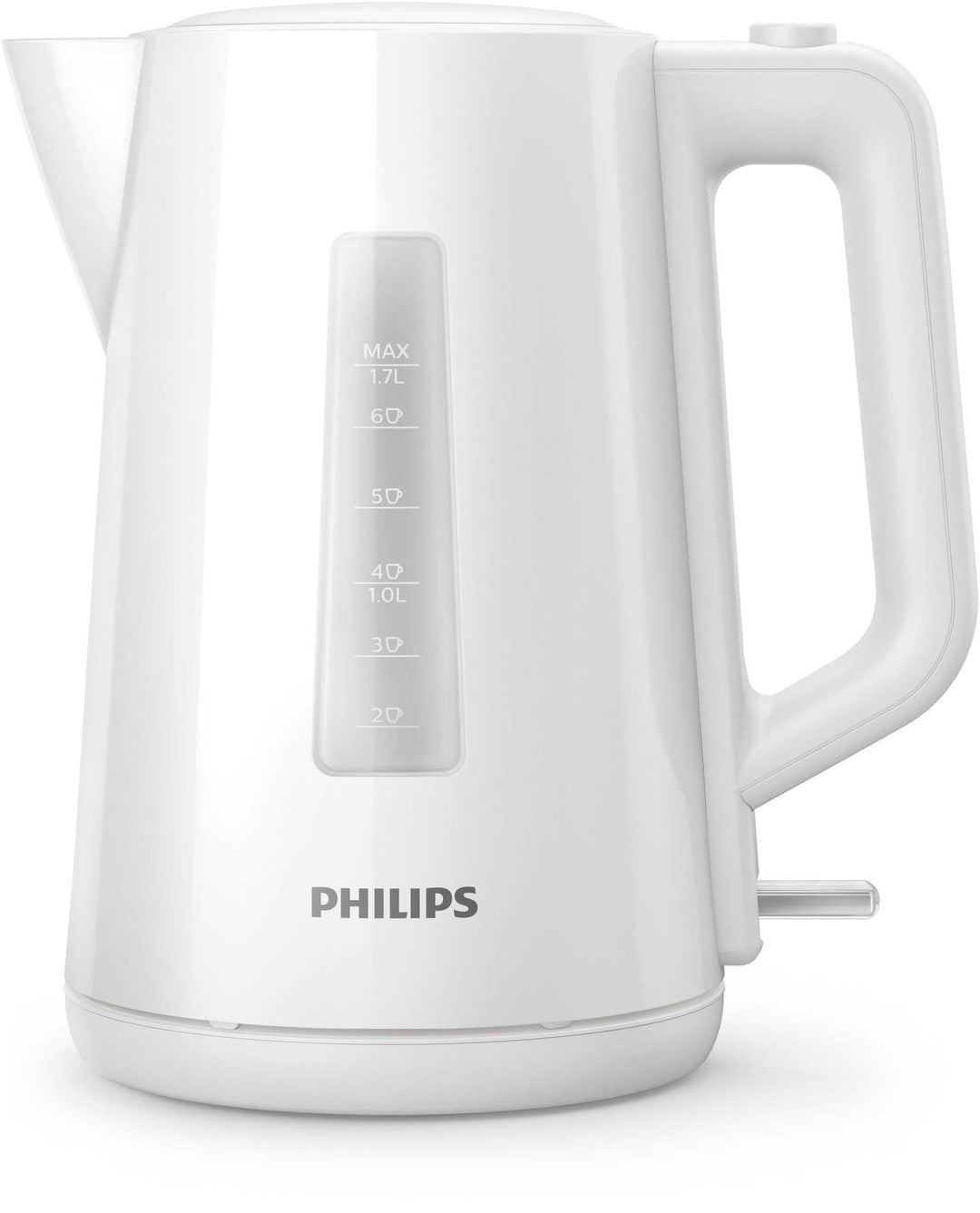 Elkedel fra Philips model HD9318/00 i hvid farve med en kapacitet på 1,7 liter og et klart vandniveauindikator på siden samt en strømkontakt i bunden.