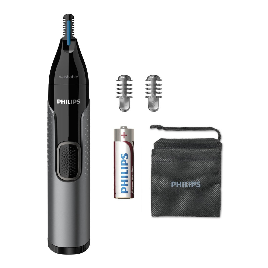 Philips NT3650/16 næse-, øre- og øjenbrynstrimmer fra 3000 serien med vaskevenlig design inkluderer to klippemasker, et batteri og en opbevaringspose i sort.