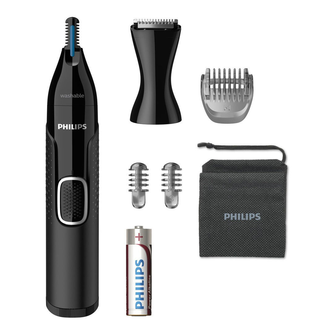 Philips NT5650/16 næse-, øre- og øjenbrynstrimmer 5000 serie med en sort trimmer, en sort størrelse medfølgende kam, to tilbehørstape og en batteri samt en opbevaringspose med Philips logo