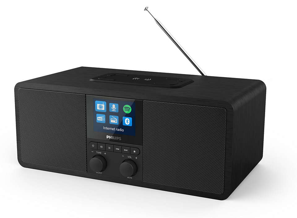 Philips TAR8805/10 internetradio med DAB+ og FM i sort design med touchscreen og knapper til tuning og lydstyrke samt udsigt til antenne
