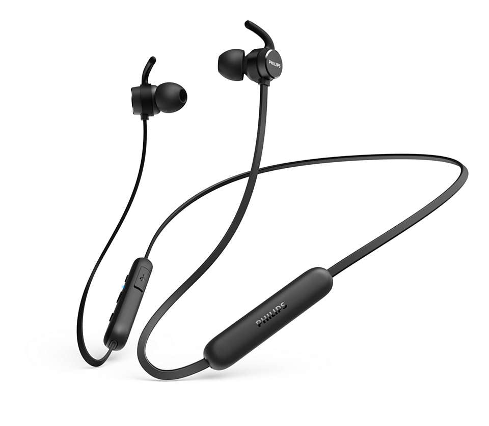 Trådløse in-ear-hovedtelefoner fra Philips model TAE1205BK/00 med mikrofon i sort farve designet til komfort og mobilitet, slankt kabel og kontrolpanel til betjening