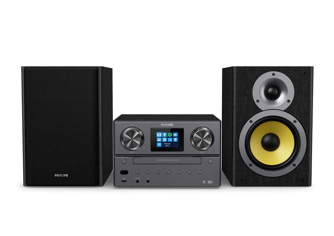 Mikromusiksystemet Philips TAM8905/10 bestående af en central enhed med farveskærm og kontrolknapper samt to højtalere med en sort finish og en gul basenhed