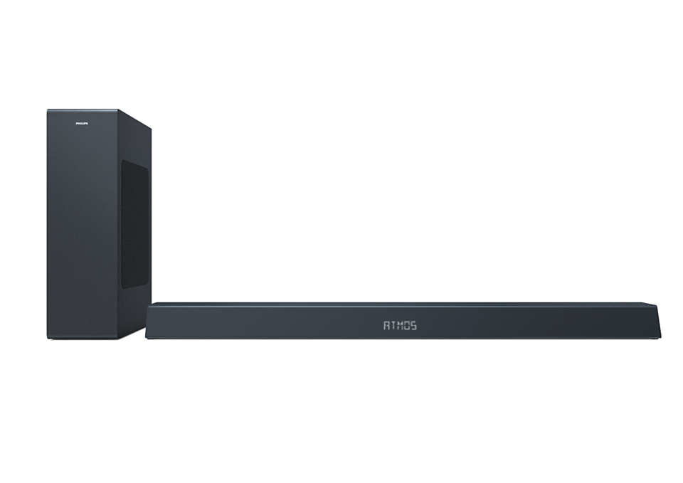 Philips TAB8405/10 soundbar 2.1 med trådløs subwoofer i moderne sort design og slank profil, placeret på en hvid baggrund, viser både soundbaren og subwooferen fra siden