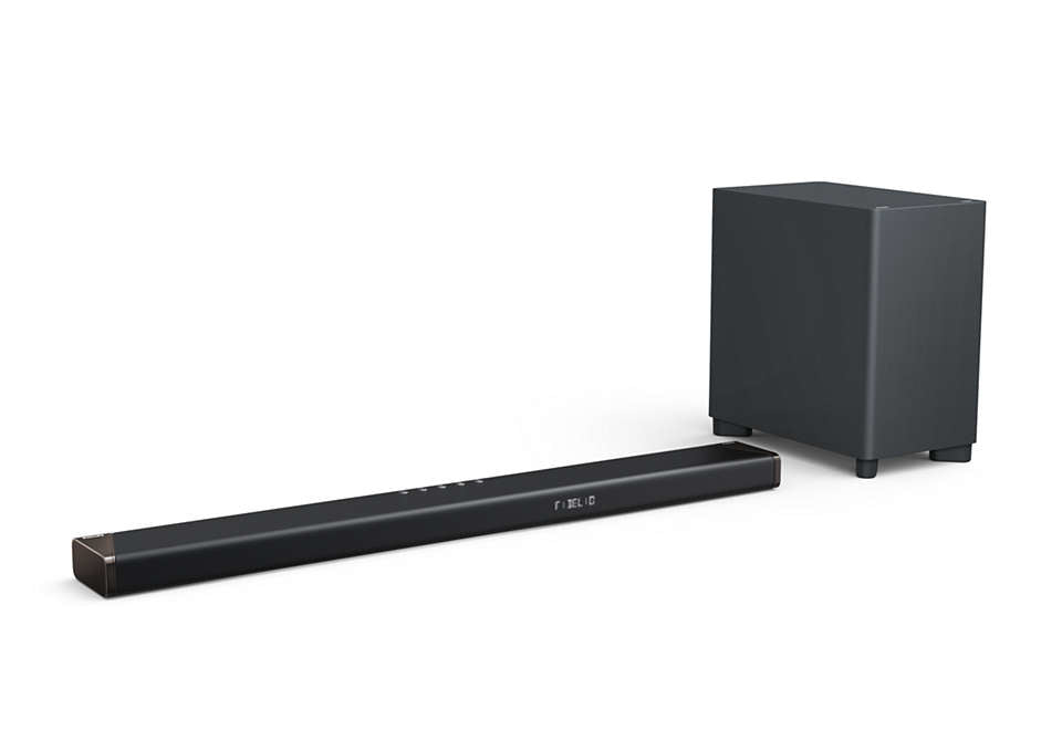 Philips B95/10 Fidelio soundbar med trådløs subwoofer i sort farve, designet til at forbedre lydoplevelsen i hjemmet med 5.1.2 surroundlyd. Soundbaren er slank og moderne med knapper til betjening og den tilhørende subwoofer er firkantet med en mat overflade.